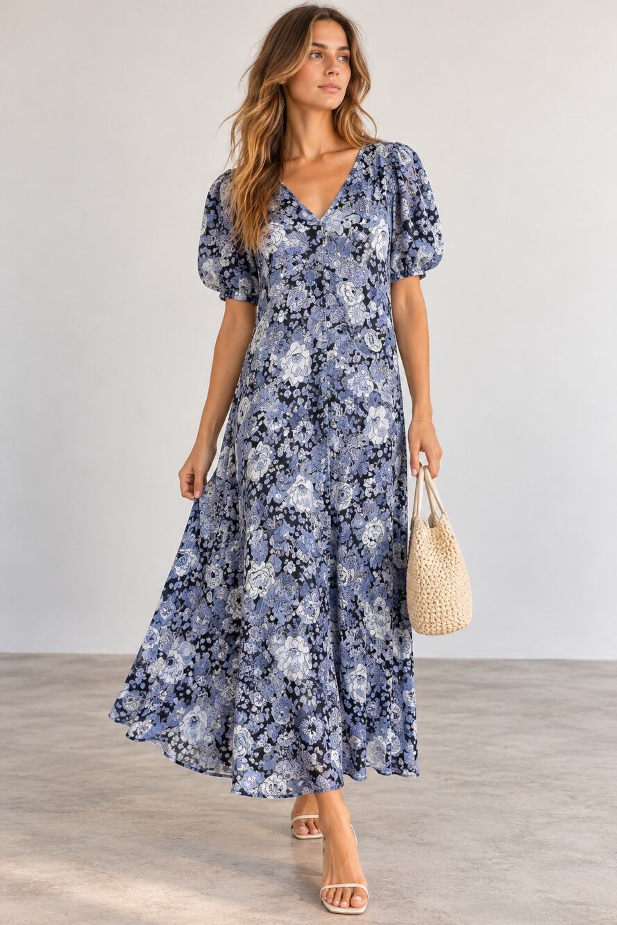 Ganni Blue Floral Silk Puff Sleeve Maxi Dress Womens L Casual Peasant Luxury